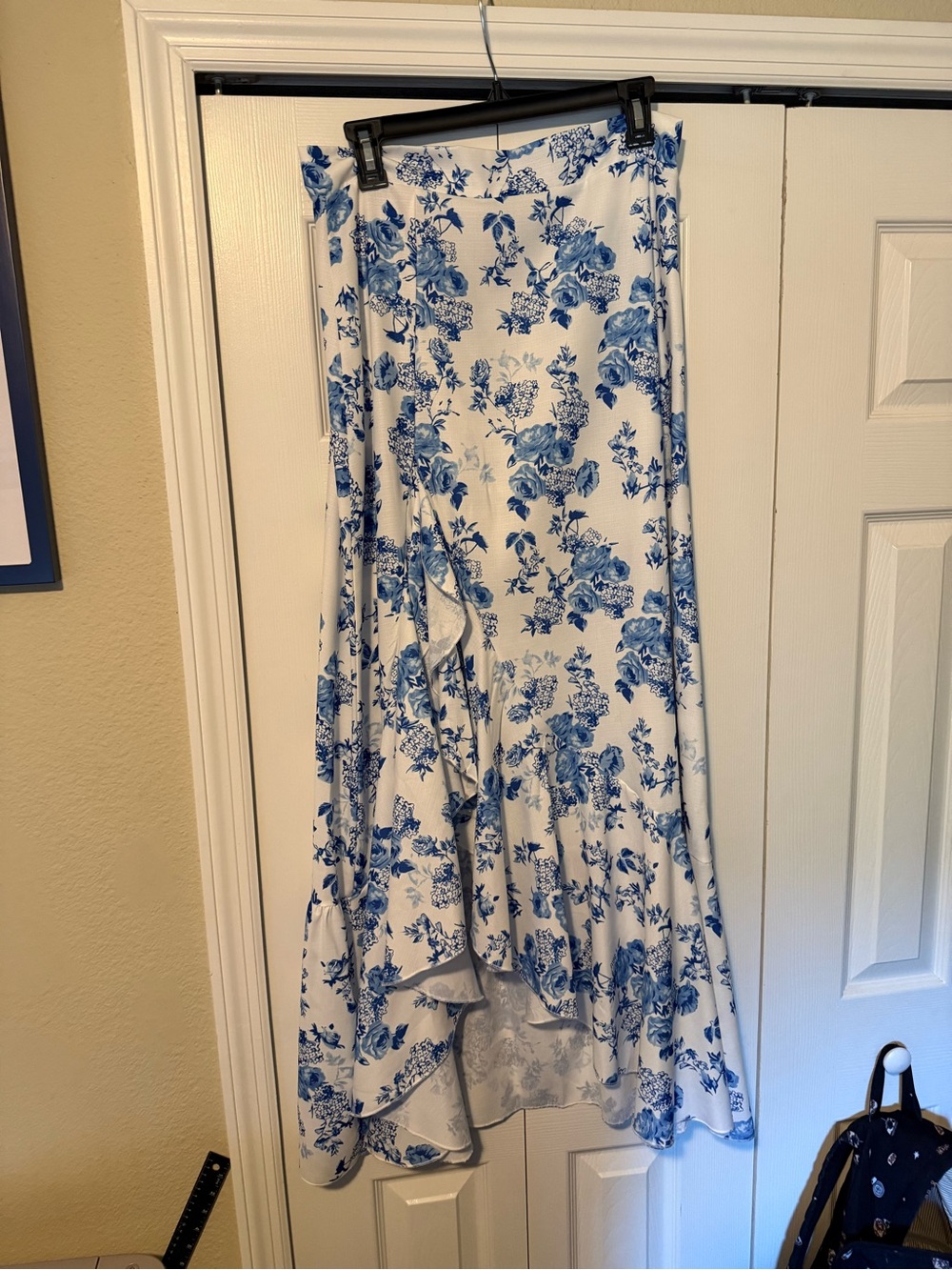 White and Blue Floral High-Low Maxi Skirt